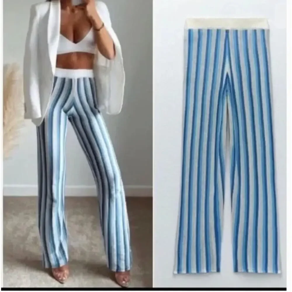 New NWT Zara Linen Wide Leg Blue White Stripe Pants‎ Size Small